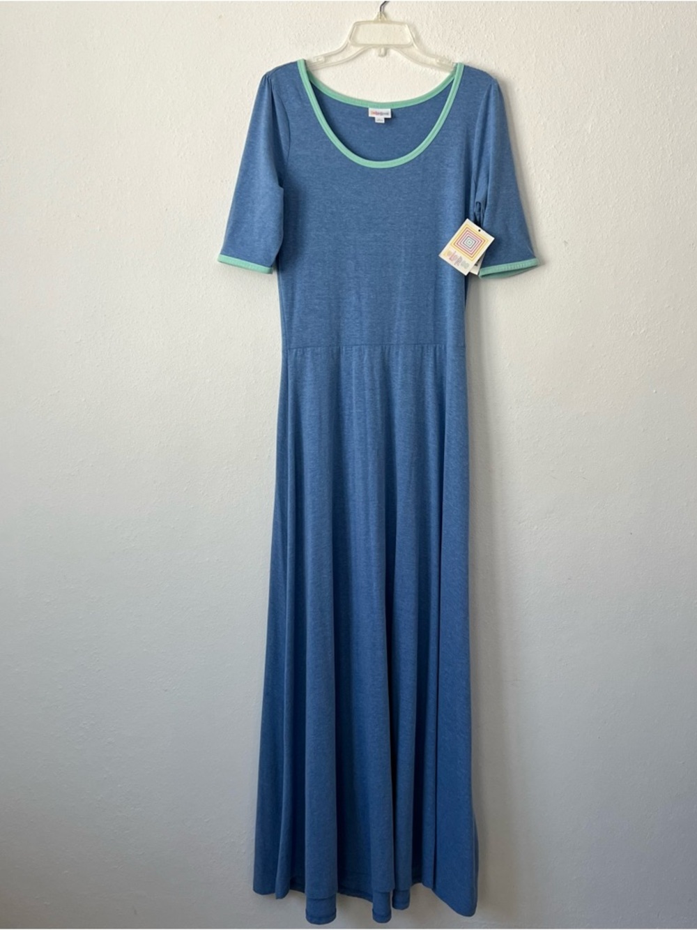LuLaRoe Ana Maxi Dress  Boho Blue Heather with Mint Trim Short Sleeves Size L - Picture 7 of 15